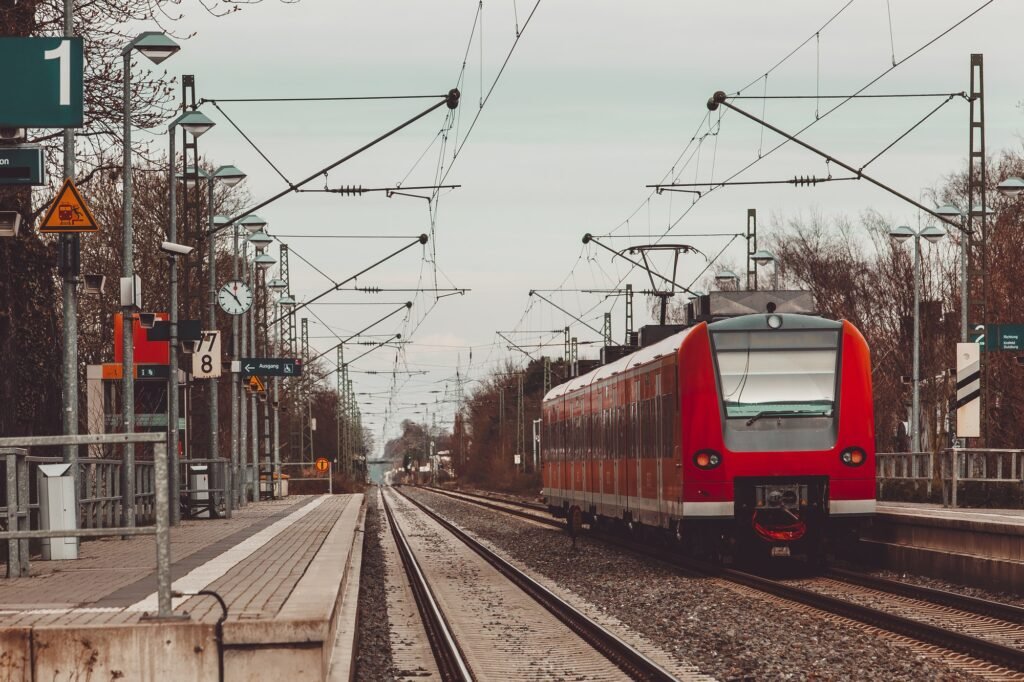 Modern train at the station. train on tracks.